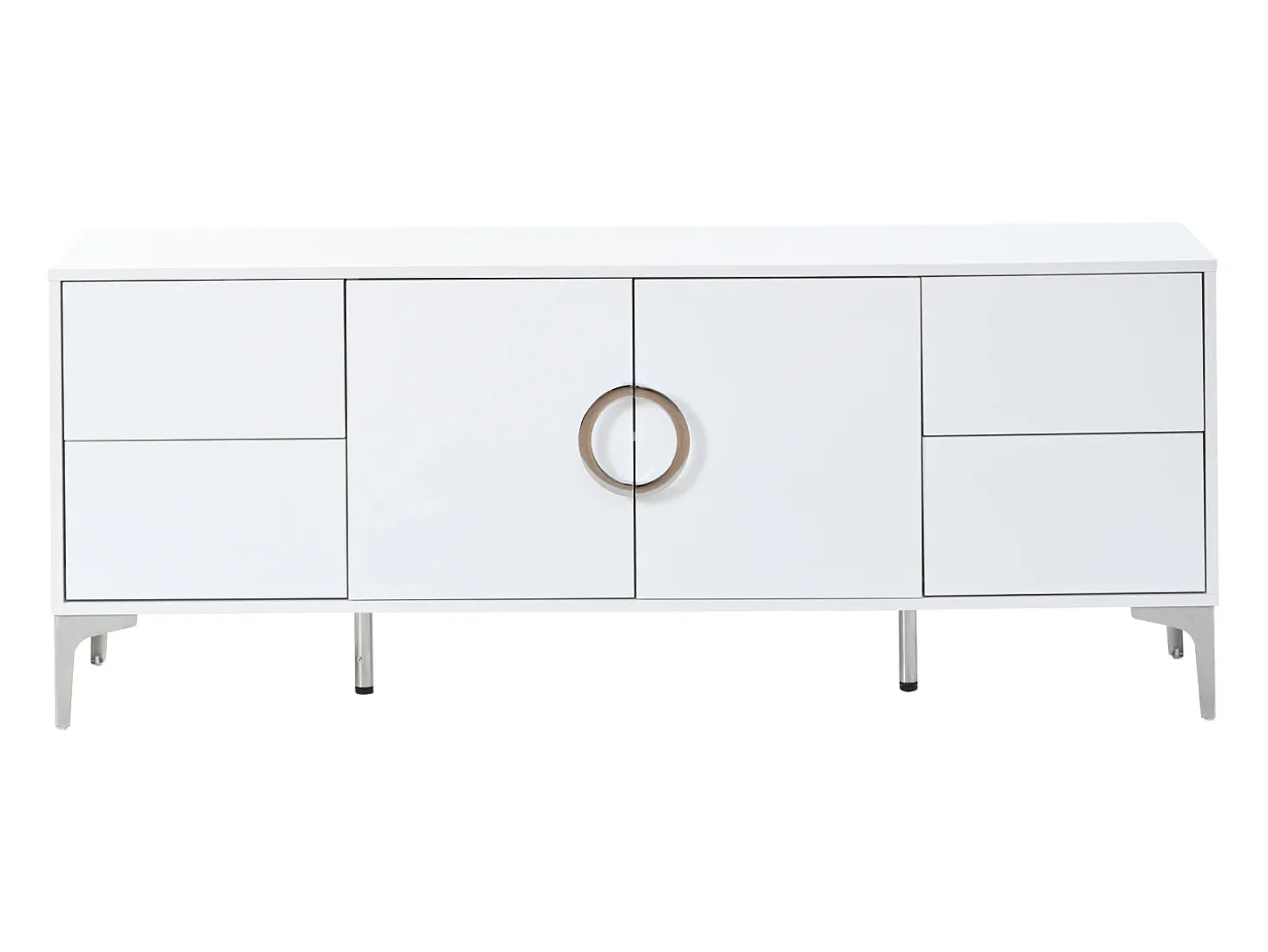 Aparador lacado brillante 150x38x59,5 cm - con 4 cajones y 2 puertas - Patas de metal - MDF - Blanco