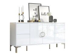 Aparador lacado brillante 150x38x59,5 cm - con 4 cajones y 2 puertas - Patas de metal - MDF - Blanco