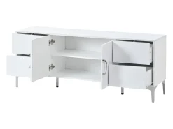 Aparador lacado brillante 150x38x59,5 cm - con 4 cajones y 2 puertas - Patas de metal - MDF - Blanco