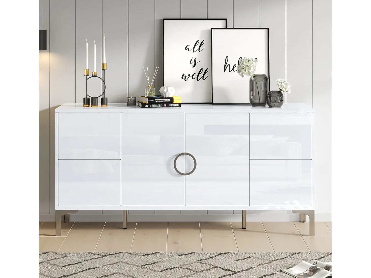 Aparador lacado brillante 150x38x59,5 cm - con 4 cajones y 2 puertas - Patas de metal - MDF - Blanco