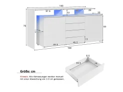 Aparador lacado en blanco con iluminación LED, 4 cajones y 2 puertas - Madera PB y cristal