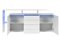 Aparador lacado en blanco con iluminación LED, 4 cajones y 2 puertas - Madera PB y cristal