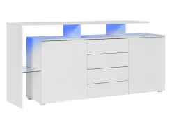 Aparador lacado en blanco con iluminación LED, 4 cajones y 2 puertas - Madera PB y cristal