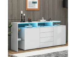 Aparador lacado en blanco con iluminación LED, 4 cajones y 2 puertas - Madera PB y cristal