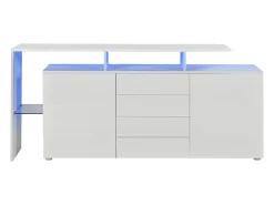 Aparador lacado en blanco con iluminación LED, 4 cajones y 2 puertas - Madera PB y cristal