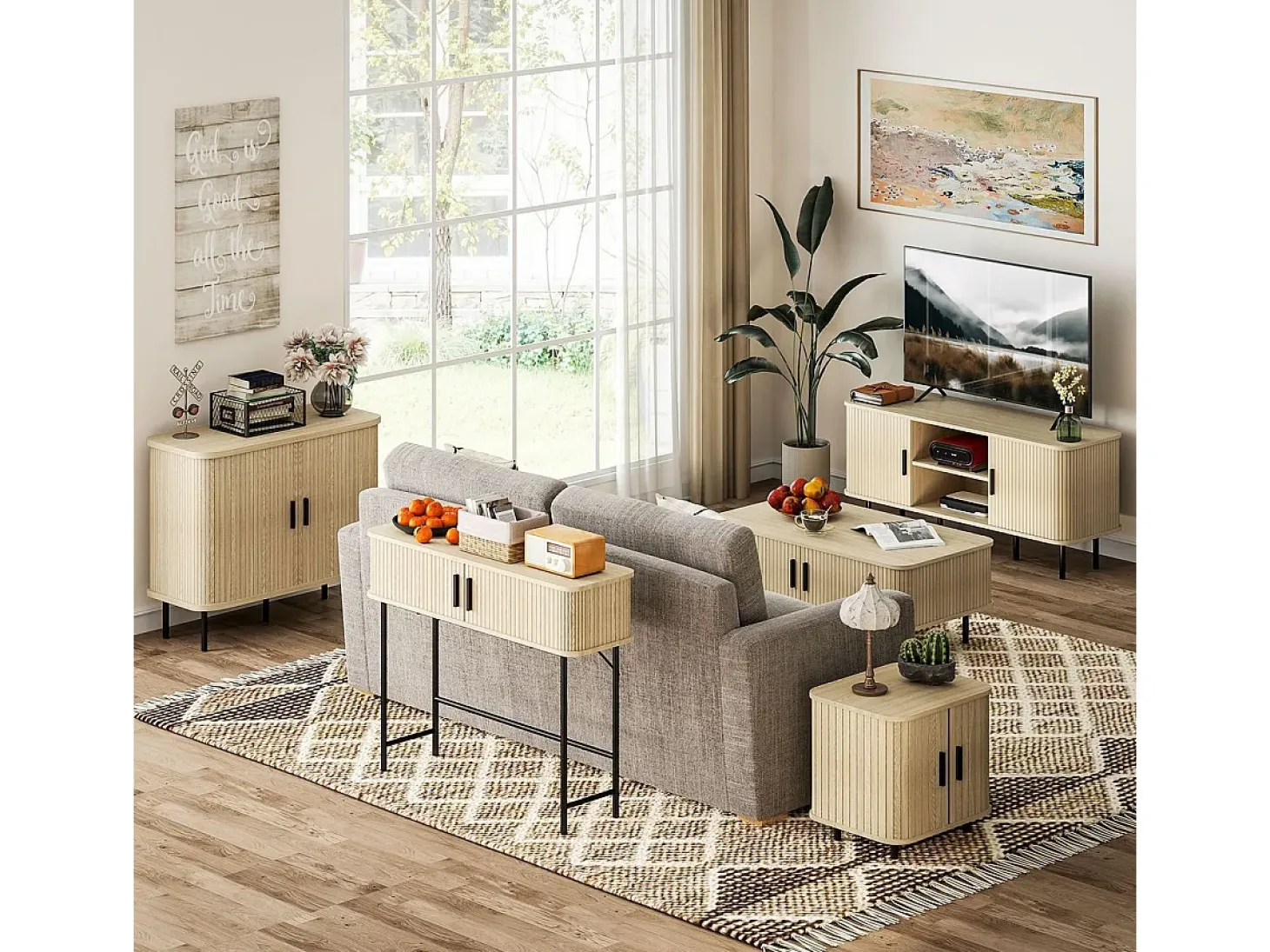 Aparador Latvia Homcom puertas correderas + 5 patas natural 75x90x40 cm
