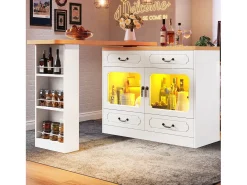 Aparador LED, aparador blanco con tapa giratoria, 2 puertas y 4 cajones de almacenamiento - MDF