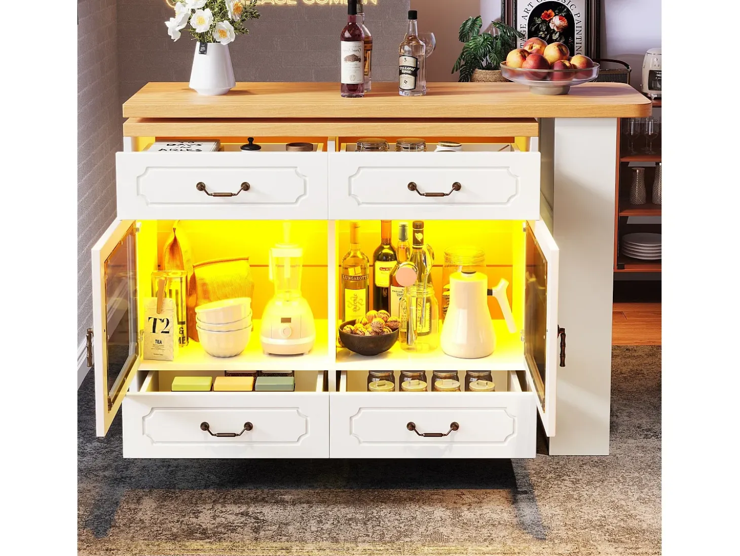 Aparador LED, aparador blanco con tapa giratoria, 2 puertas y 4 cajones de almacenamiento - MDF