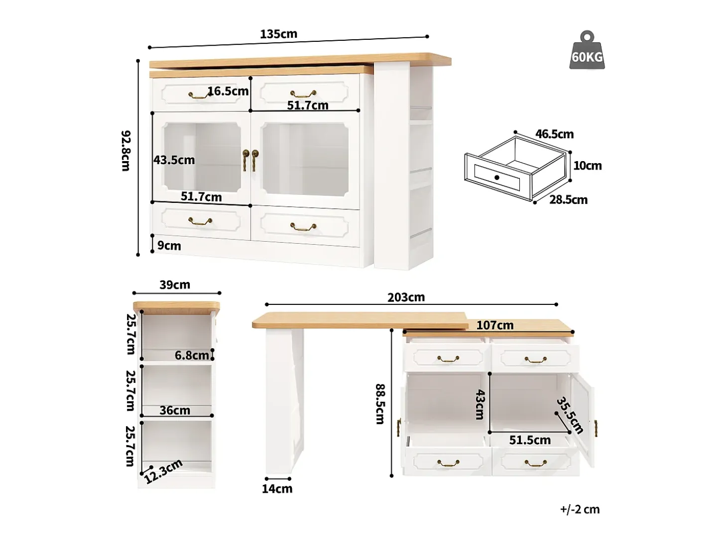 Aparador LED, aparador blanco con tapa giratoria, 2 puertas y 4 cajones de almacenamiento - MDF