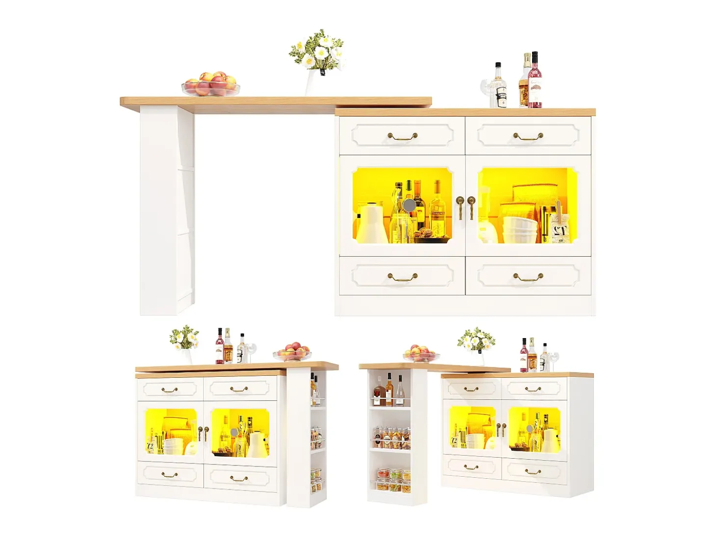 Aparador LED, aparador blanco con tapa giratoria, 2 puertas y 4 cajones de almacenamiento - MDF