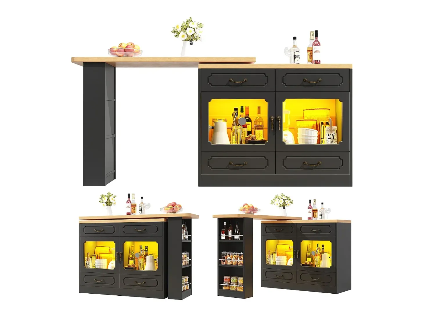 Aparador LED, aparador negro con tapa giratoria, 2 puertas y 4 cajones de almacenamiento - MDF