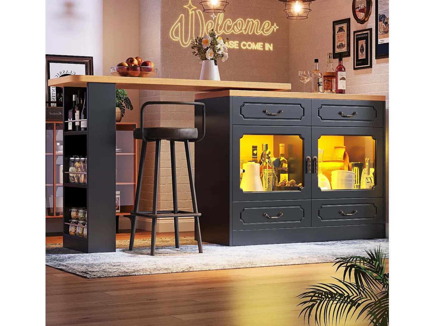 Aparador LED, aparador negro con tapa giratoria, 2 puertas y 4 cajones de almacenamiento - MDF