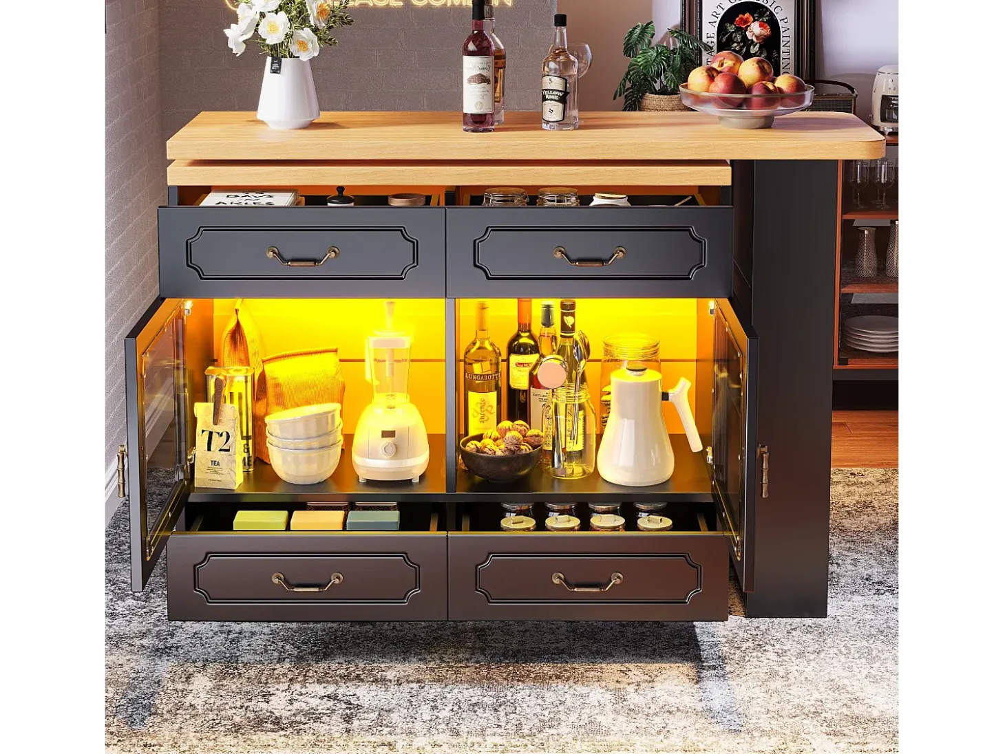 Aparador LED, aparador negro con tapa giratoria, 2 puertas y 4 cajones de almacenamiento - MDF