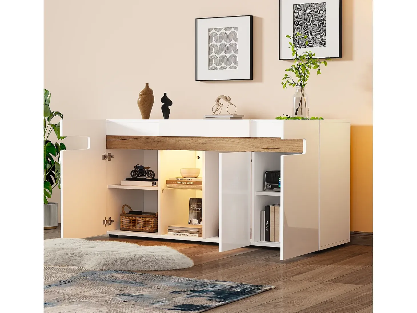 Aparador LED con 3 puertas y 1 estante de vidrio – Blanco y madera natural