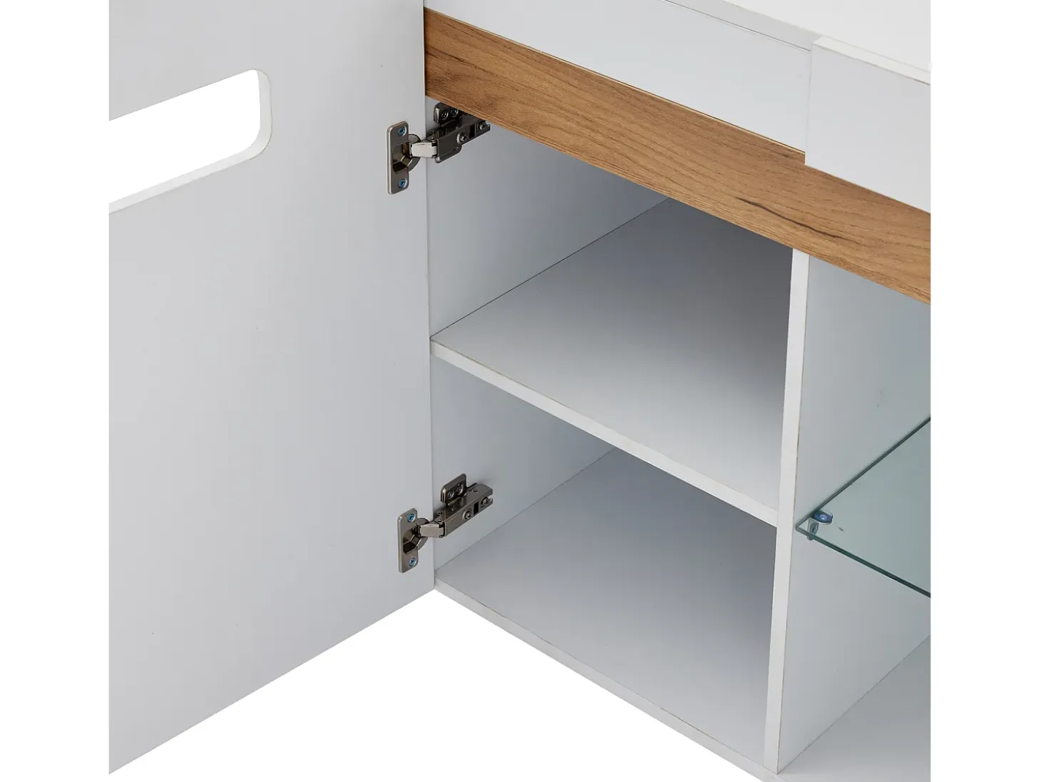 Aparador LED con 3 puertas y 1 estante de vidrio – Blanco y madera natural
