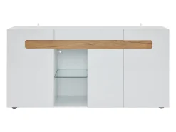 Aparador LED con 3 puertas y 1 estante de vidrio – Blanco y madera natural