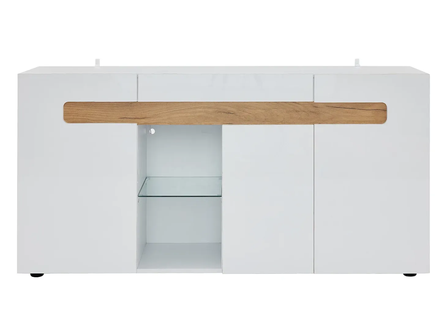 Aparador LED con 3 puertas y 1 estante de vidrio – Blanco y madera natural