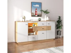 Aparador LED 160x40x77cm, Mueble con 2 Puertas, 4 Cajones, Estante de Cristal, Mueble de Salón Aspecto Madera Mueble Multiusos - Blanco
