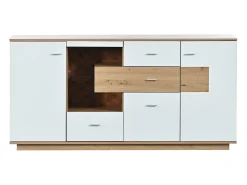 Aparador LED 160x40x77cm, Mueble con 2 Puertas, 4 Cajones, Estante de Cristal, Mueble de Salón Aspecto Madera Mueble Multiusos - Blanco