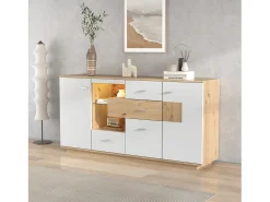 Aparador LED 160x40x77cm, Mueble con 2 Puertas, 4 Cajones, Estante de Cristal, Mueble de Salón Aspecto Madera Mueble Multiusos - Blanco