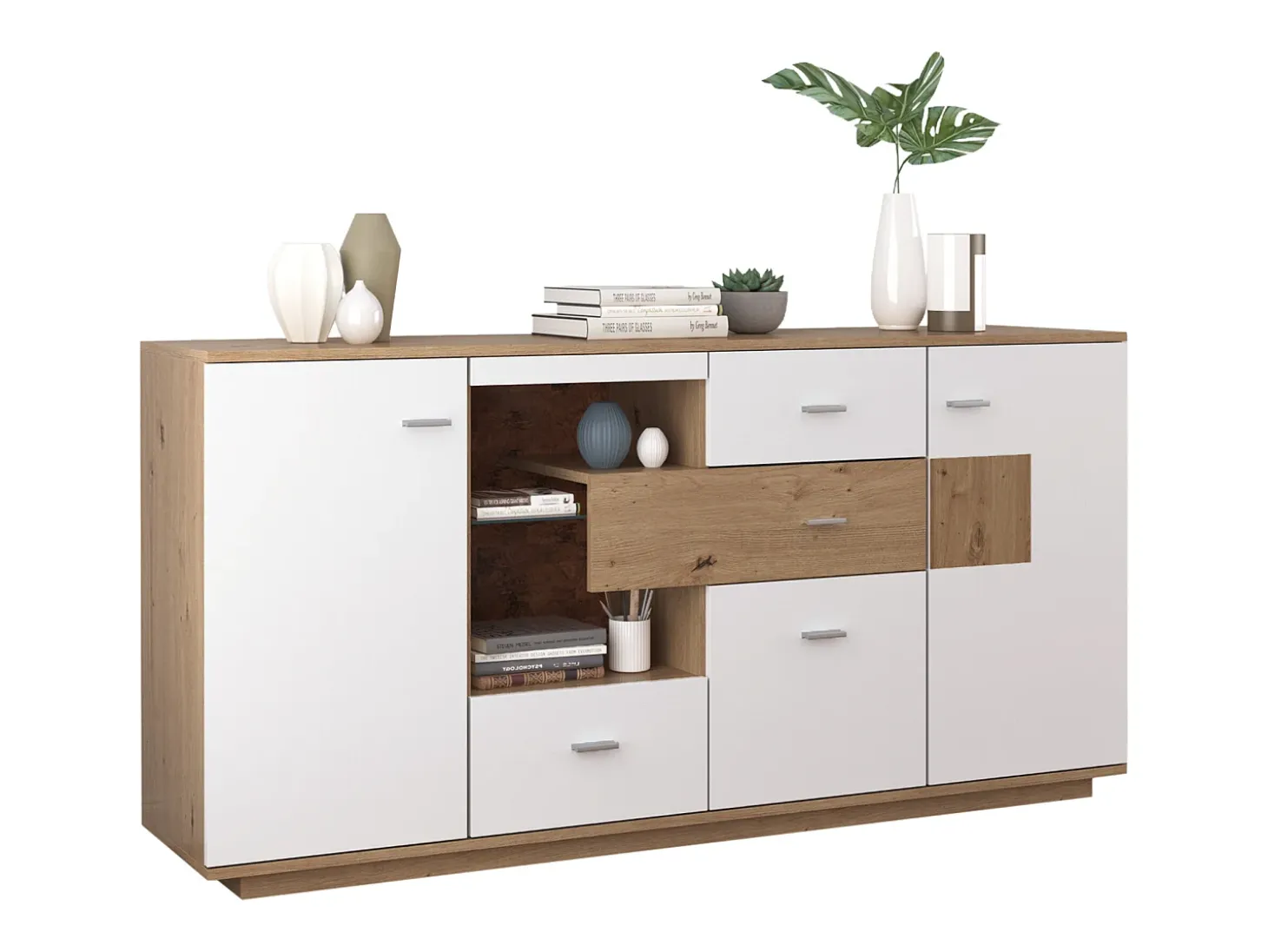 Aparador LED 160x40x77cm, Mueble con 2 Puertas, 4 Cajones, Estante de Cristal, Mueble de Salón Aspecto Madera Mueble Multiusos - Blanco
