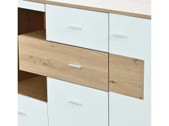 Aparador LED 160x40x77cm, Mueble con 2 Puertas, 4 Cajones, Estante de Cristal, Mueble de Salón Aspecto Madera Mueble Multiusos - Blanco