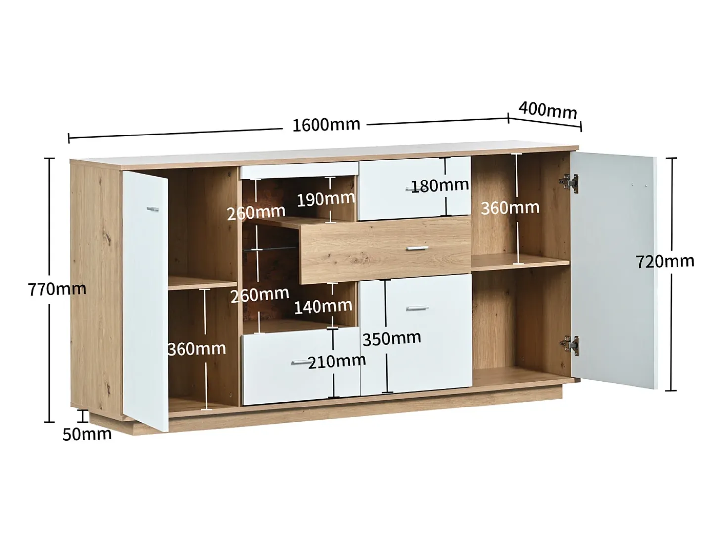 Aparador LED 160x40x77cm, Mueble con 2 Puertas, 4 Cajones, Estante de Cristal, Mueble de Salón Aspecto Madera Mueble Multiusos - Blanco