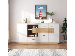 Aparador LED 160x40x77cm, Mueble con 2 Puertas, 4 Cajones, Estante de Cristal, Mueble de Salón Aspecto Madera Mueble Multiusos - Blanco