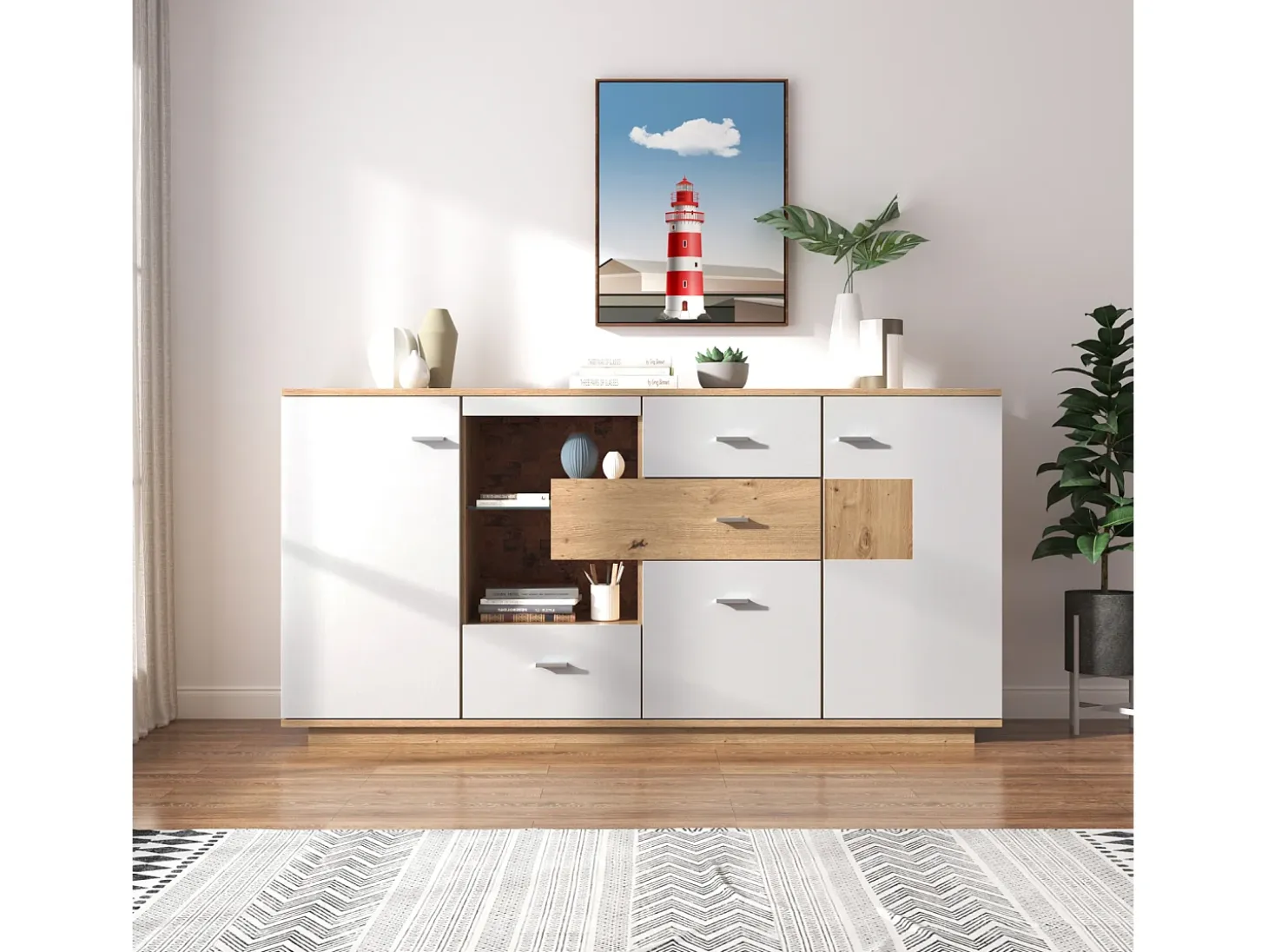 Aparador LED 160x40x77cm, Mueble con 2 Puertas, 4 Cajones, Estante de Cristal, Mueble de Salón Aspecto Madera Mueble Multiusos - Blanco