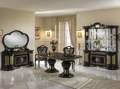 Aparador Lesly de 168 cm, 4 puertas y 1 cajón en madera lacada en negro brillante y dorado
