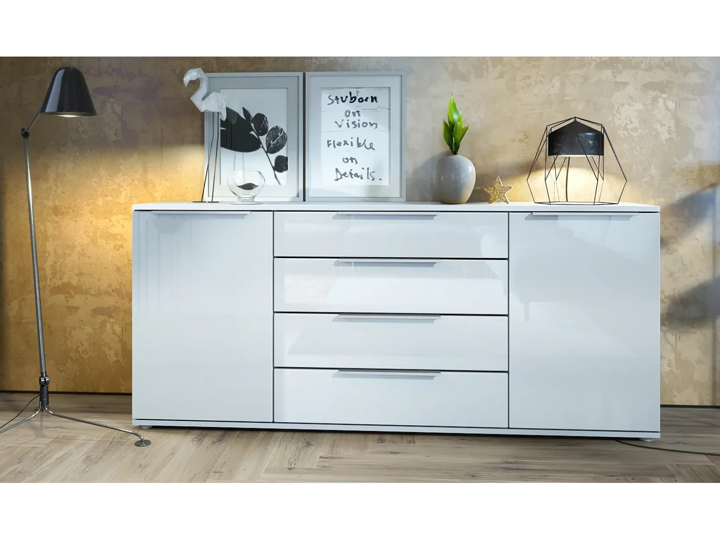 Aparador Linio V2 – Mueble moderno con 2 puertas y 4 cajones, blanco mate/blanco de alto brillo, 166,5 x 75,5 x 35 cm (An x Al x P) – Mueble auxiliar buffet armario