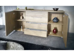 Aparador Linio V2 – Mueble moderno con 2 puertas y 4 cajones, Roble Evoke/mezclilla mate, 166,5 x 75,5 x 35 cm (An x Al x P) – Mueble auxiliar buffet armario