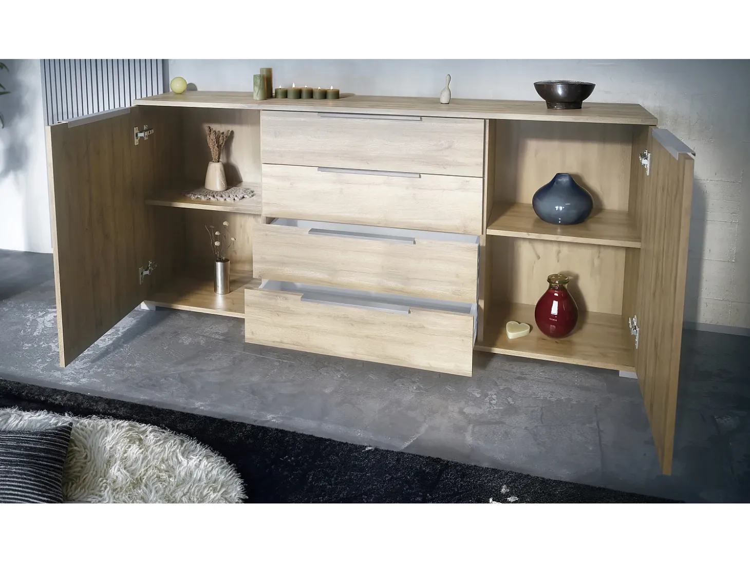 Aparador Linio V2 – Mueble moderno con 2 puertas y 4 cajones, Roble Evoke/mezclilla mate, 166,5 x 75,5 x 35 cm (An x Al x P) – Mueble auxiliar buffet armario