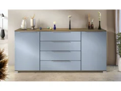 Aparador Linio V2 – Mueble moderno con 2 puertas y 4 cajones, Roble Evoke/mezclilla mate, 166,5 x 75,5 x 35 cm (An x Al x P) – Mueble auxiliar buffet armario