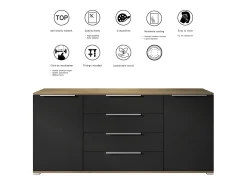 Aparador Linio V2 – Mueble moderno con 2 puertas y 4 cajones, Roble Evoke/mezclilla mate, 166,5 x 75,5 x 35 cm (An x Al x P) – Mueble auxiliar buffet armario
