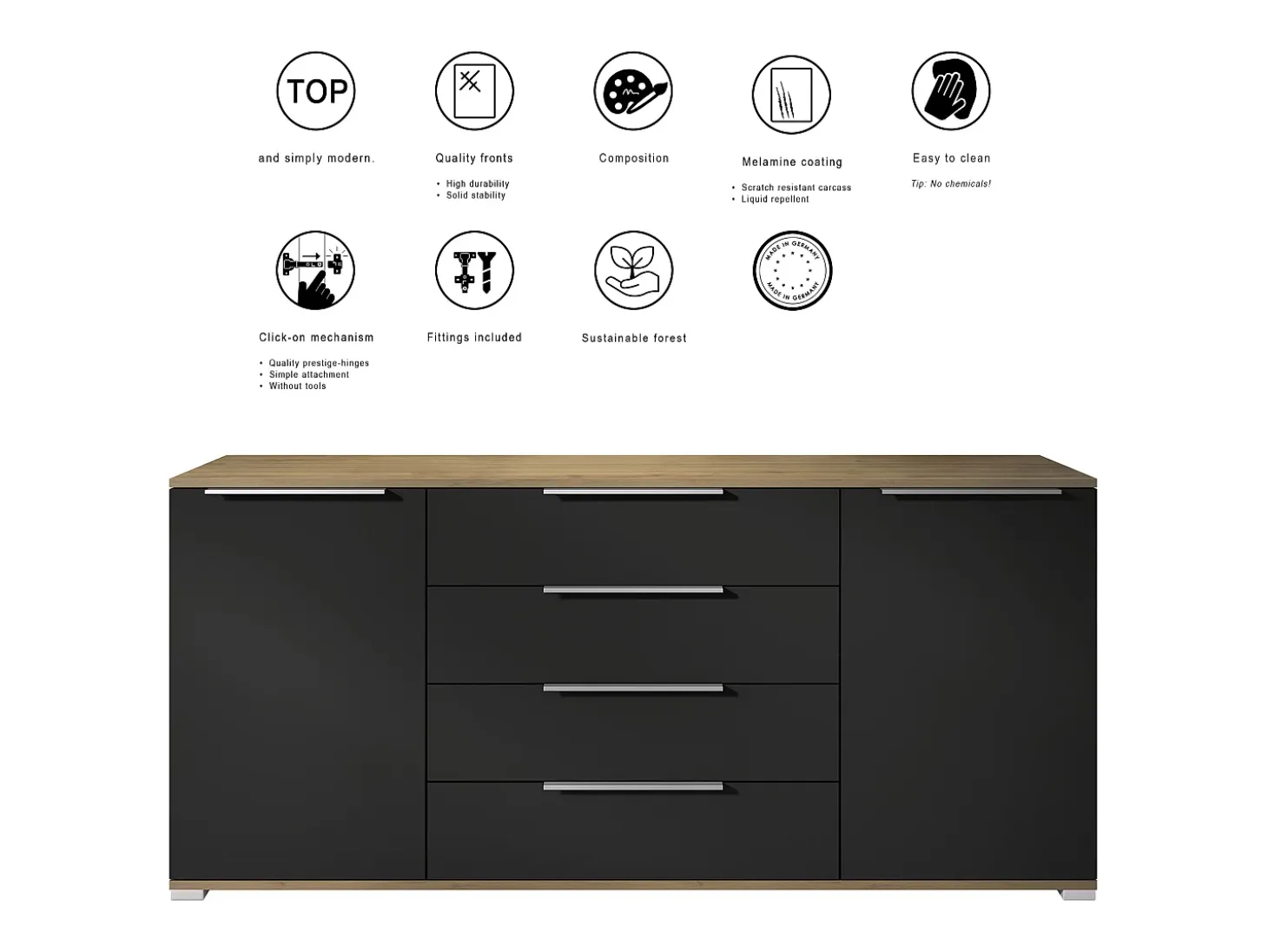 Aparador Linio V2 – Mueble moderno con 2 puertas y 4 cajones, Roble Evoke/mezclilla mate, 166,5 x 75,5 x 35 cm (An x Al x P) – Mueble auxiliar buffet armario