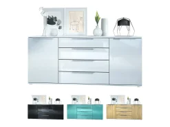 Aparador Linio V2 – Mueble moderno con 2 puertas y 4 cajones, blanco mate/negro de alto brillo, 166,5 x 75,5 x 35 cm (An x Al x P) – Mueble auxiliar buffet armario
