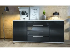 Aparador Linio V2 – Mueble moderno con 2 puertas y 4 cajones, blanco mate/negro de alto brillo, 166,5 x 75,5 x 35 cm (An x Al x P) – Mueble auxiliar buffet armario
