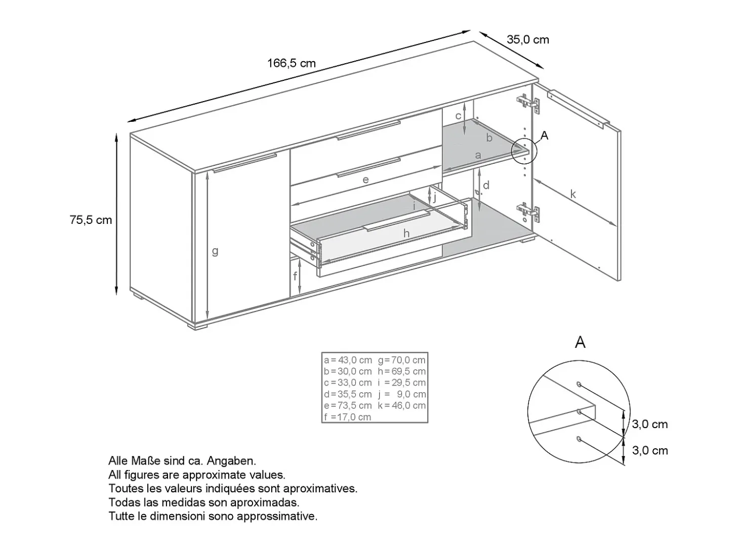 Aparador Linio V2 – Mueble moderno con 2 puertas y 4 cajones, blanco mate/crema de alto brillo, 166,5 x 75,5 x 35 cm (An x Al x P) – Mueble auxiliar buffet armario