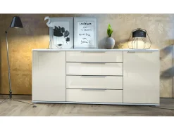 Aparador Linio V2 – Mueble moderno con 2 puertas y 4 cajones, blanco mate/crema de alto brillo, 166,5 x 75,5 x 35 cm (An x Al x P) – Mueble auxiliar buffet armario
