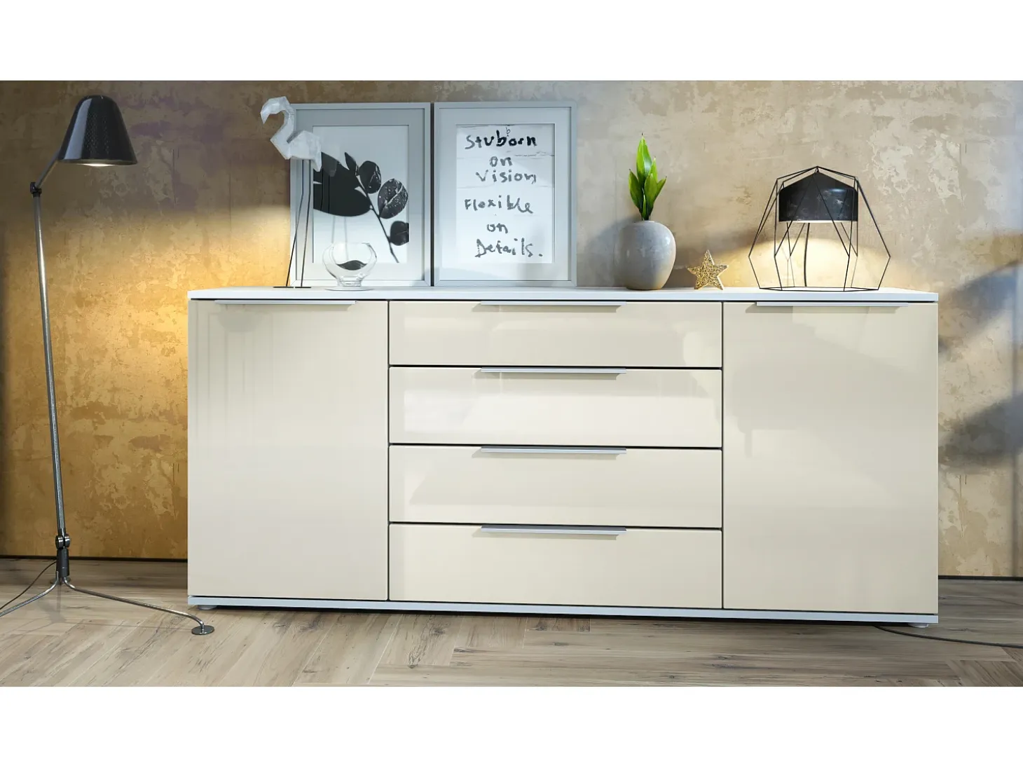 Aparador Linio V2 – Mueble moderno con 2 puertas y 4 cajones, blanco mate/crema de alto brillo, 166,5 x 75,5 x 35 cm (An x Al x P) – Mueble auxiliar buffet armario