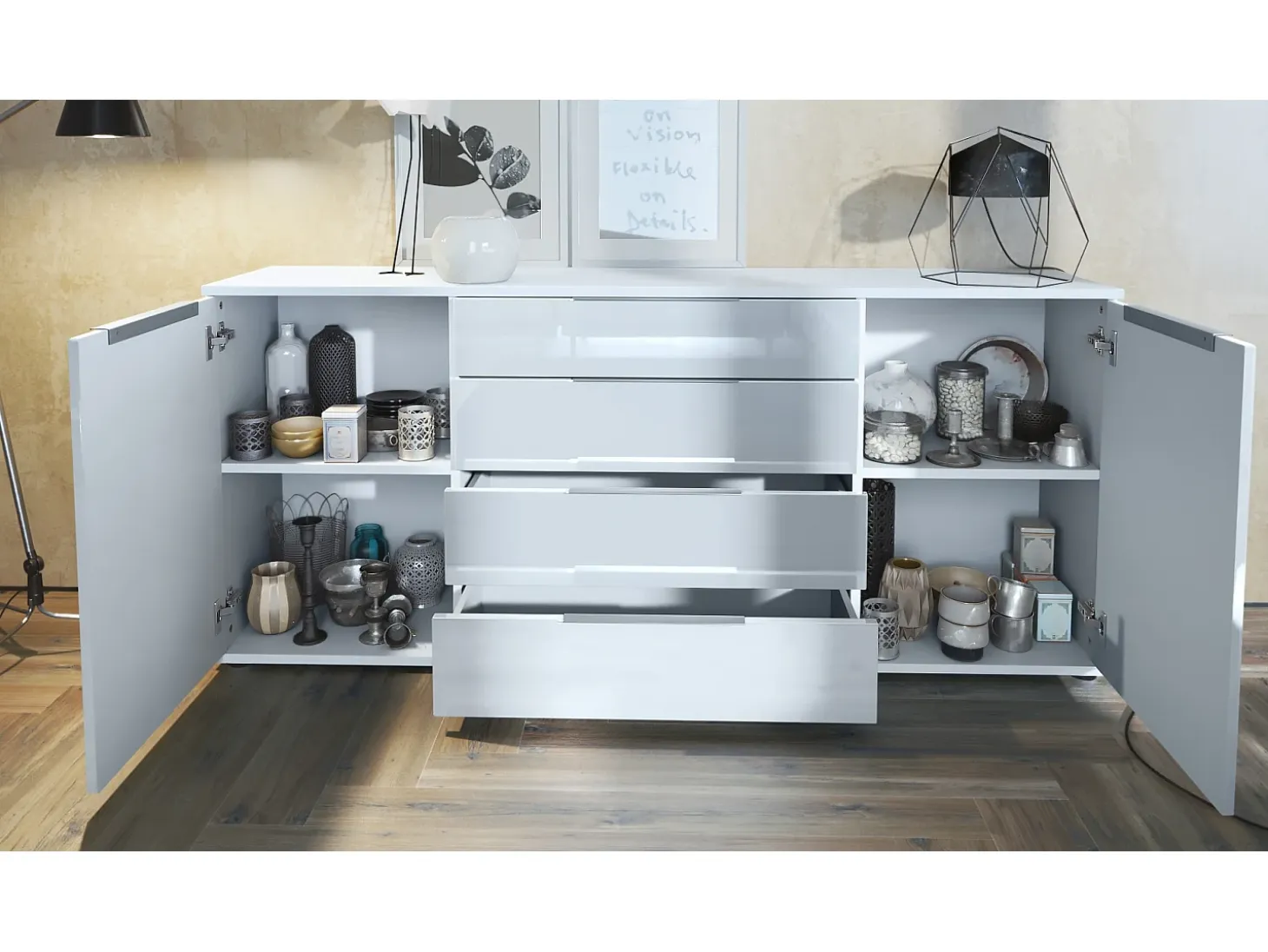 Aparador Linio V2 – Mueble moderno con 2 puertas y 4 cajones, blanco mate/crema de alto brillo, 166,5 x 75,5 x 35 cm (An x Al x P) – Mueble auxiliar buffet armario