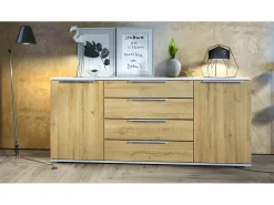 Aparador Linio V2 – Mueble moderno con 2 puertas y 4 cajones, blanco mate/roble natural, 166,5 x 75,5 x 35 cm (An x Al x P) – Mueble auxiliar buffet armario