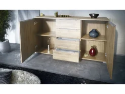 Aparador Linio V1, Mueble con 2 puertas y 4 cajones, Roble Evoke / antracita mate (138,5 x 75,5 x 35 cm)