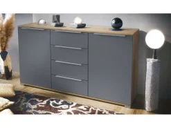 Aparador Linio V1, Mueble con 2 puertas y 4 cajones, Roble Evoke / antracita mate (138,5 x 75,5 x 35 cm)