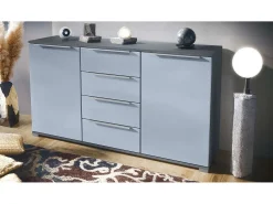 Aparador Linio V1, Mueble con 2 puertas y 4 cajones, antracita mate / mezclilla mate (138,5 x 75,5 x 35 cm)