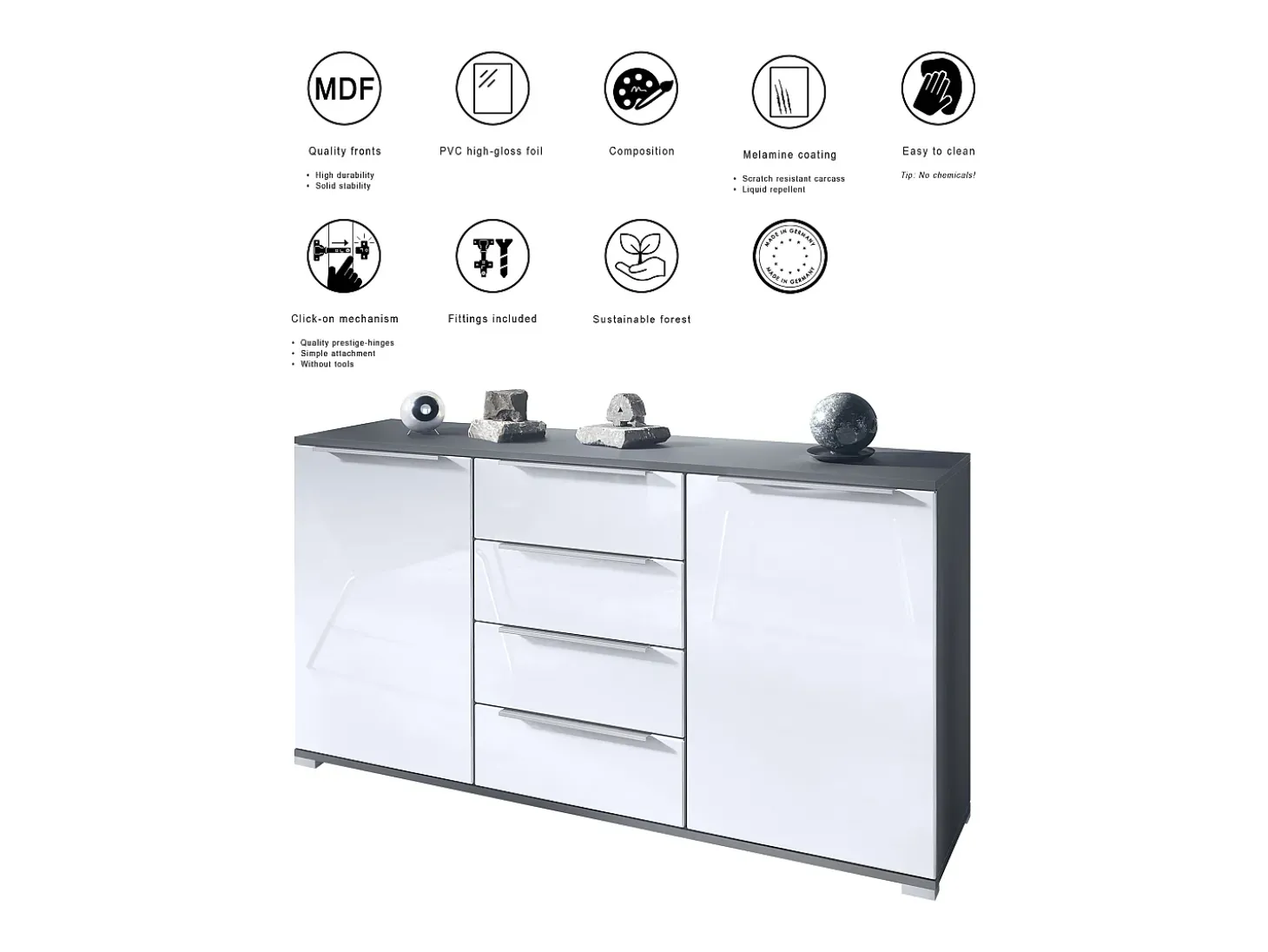 Aparador Linio V1, Mueble con 2 puertas y 4 cajones, antracita mate / mezclilla mate (138,5 x 75,5 x 35 cm)