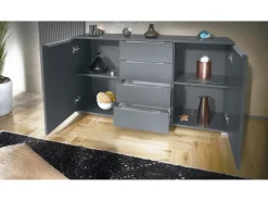 Aparador Linio V1, Mueble con 2 puertas y 4 cajones, antracita mate / mezclilla mate (138,5 x 75,5 x 35 cm)