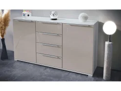 Aparador Linio V1, Mueble con 2 puertas y 4 cajones, blanco mate / gris arena de alto brillo (138,5 x 75,5 x 35 cm)