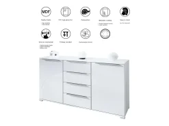 Aparador Linio V1, Mueble con 2 puertas y 4 cajones, blanco mate / gris arena de alto brillo (138,5 x 75,5 x 35 cm)